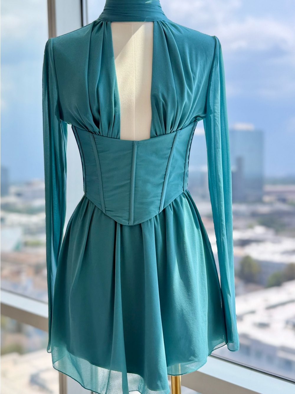 Oh Polly Teal Corset Mini Dress NWT Long Sleeve Sz 4 US